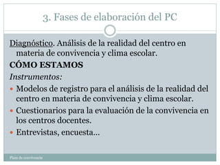3. Fases de elaboración del PC
Plam de convivencia
Diagnóstico. Análisis de la realidad del centro en
materia de convivencia y clima escolar.
CÓMO ESTAMOS
Instrumentos:
 Modelos de registro para el análisis de la realidad del
centro en materia de convivencia y clima escolar.
 Cuestionarios para la evaluación de la convivencia en
los centros docentes.
 Entrevistas, encuesta…
 