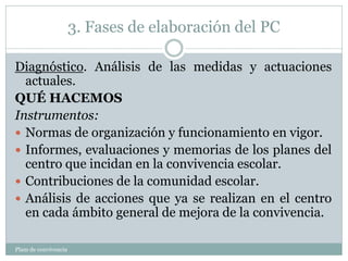 3. Fases de elaboración del PC
Plam de convivencia
Diagnóstico. Análisis de las medidas y actuaciones
actuales.
QUÉ HACEMOS
Instrumentos:
 Normas de organización y funcionamiento en vigor.
 Informes, evaluaciones y memorias de los planes del
centro que incidan en la convivencia escolar.
 Contribuciones de la comunidad escolar.
 Análisis de acciones que ya se realizan en el centro
en cada ámbito general de mejora de la convivencia.
 