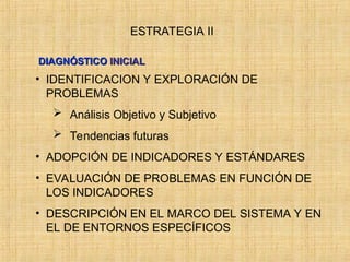 ESTRATEGIA II
DIAGNÓSTICO
DIAGNÓSTICO INICIAL
INICIAL
• IDENTIFICACION Y EXPLORACIÓN DE
PROBLEMAS
 Análisis Objetivo y Subjetivo
 Tendencias futuras
• ADOPCIÓN DE INDICADORES Y ESTÁNDARES
• EVALUACIÓN DE PROBLEMAS EN FUNCIÓN DE
LOS INDICADORES
• DESCRIPCIÓN EN EL MARCO DEL SISTEMA Y EN
EL DE ENTORNOS ESPECÍFICOS
 