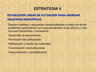 ESTRATEGIA V
ESTABLECER LÍNEAS DE ACTUACIÓN PARA ABORDAR
ESTABLECER LÍNEAS DE ACTUACIÓN PARA ABORDAR
OBJETIVOS ESPECÍFICOS
OBJETIVOS ESPECÍFICOS
Diseñar medidas y respuestas contextualizadas a cada uno de los
problemas significativos con especial atención a los activos y a los
recursos disponibles o necesarios.
•Desarrollo de experiencias
•Formación del profesorado
•Elaboración y diseño de materiales
•Coordinación interinstitucional
•Asesoramiento y sensibilización
 