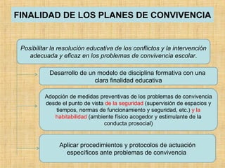 FINALIDAD DE LOS PLANES DE CONVIVENCIA
Posibilitar la resolución educativa de los conflictos y la intervención
adecuada y eficaz en los problemas de convivencia escolar.
Desarrollo de un modelo de disciplina formativa con una
clara finalidad educativa
Adopción de medidas preventivas de los problemas de convivencia
desde el punto de vista de la seguridad (supervisión de espacios y
tiempos, normas de funcionamiento y seguridad, etc.) y la
habitabilidad (ambiente físico acogedor y estimulante de la
conducta prosocial)
Aplicar procedimientos y protocolos de actuación
específicos ante problemas de convivencia
 