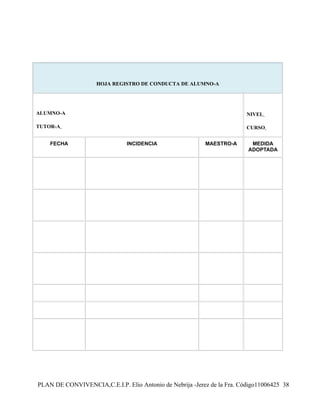 HOJA REGISTRO DE CONDUCTA DE ALUMNO-A




ALUMNO-A                                                                 NIVEL

TUTOR-A                                                                  CURSO


    FECHA                      INCIDENCIA                 MAESTRO-A       MEDIDA
                                                                         ADOPTADA




PLAN DE CONVIVENCIA,C.E.I.P. Elio Antonio de Nebrija -Jerez de la Fra. Código11006425 38
 