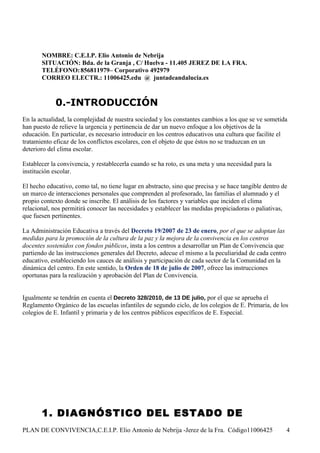 NOMBRE: C.E.I.P. Elio Antonio de Nebrija
       SITUACIÓN: Bda. de la Granja , C/ Huelva - 11.405 JEREZ DE LA FRA.
       TELÉFONO: 856811979– Corporativo 492979
       CORREO ELECTR.: 11006425.edu @ juntadeandalucia.es



            0.-INTRODUCCIÓN
En la actualidad, la complejidad de nuestra sociedad y los constantes cambios a los que se ve sometida
han puesto de relieve la urgencia y pertinencia de dar un nuevo enfoque a los objetivos de la
educación. En particular, es necesario introducir en los centros educativos una cultura que facilite el
tratamiento eficaz de los conflictos escolares, con el objeto de que éstos no se traduzcan en un
deterioro del clima escolar.

Establecer la convivencia, y restablecerla cuando se ha roto, es una meta y una necesidad para la
institución escolar.

El hecho educativo, como tal, no tiene lugar en abstracto, sino que precisa y se hace tangible dentro de
un marco de interacciones personales que comprenden al profesorado, las familias el alumnado y el
propio contexto donde se inscribe. El análisis de los factores y variables que inciden el clima
relacional, nos permitirá conocer las necesidades y establecer las medidas propiciadoras o paliativas,
que fuesen pertinentes.

La Administración Educativa a través del Decreto 19/2007 de 23 de enero, por el que se adoptan las
medidas para la promoción de la cultura de la paz y la mejora de la convivencia en los centros
docentes sostenidos con fondos públicos, insta a los centros a desarrollar un Plan de Convivencia que
partiendo de las instrucciones generales del Decreto, adecue el mismo a la peculiaridad de cada centro
educativo, estableciendo los cauces de análisis y participación de cada sector de la Comunidad en la
dinámica del centro. En este sentido, la Orden de 18 de julio de 2007, ofrece las instrucciones
oportunas para la realización y aprobación del Plan de Convivencia.


Igualmente se tendrán en cuenta el Decreto 328/2010, de 13 DE julio, por el que se aprueba el
Reglamento Orgánico de las escuelas infantiles de segundo ciclo, de los colegios de E. Primaria, de los
colegios de E. Infantil y primaria y de los centros públicos específicos de E. Especial.




       1. DIAGNÓSTICO DEL ESTADO DE
PLAN DE CONVIVENCIA,C.E.I.P. Elio Antonio de Nebrija -Jerez de la Fra. Código11006425                    4
 