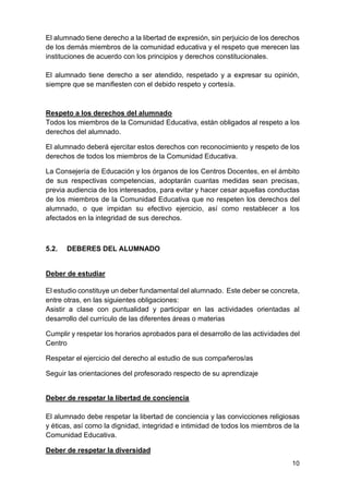 10
El alumnado tiene derecho a la libertad de expresión, sin perjuicio de los derechos
de los demás miembros de la comunidad educativa y el respeto que merecen las
instituciones de acuerdo con los principios y derechos constitucionales.
El alumnado tiene derecho a ser atendido, respetado y a expresar su opinión,
siempre que se manifiesten con el debido respeto y cortesía.
Respeto a los derechos del alumnado
Todos los miembros de la Comunidad Educativa, están obligados al respeto a los
derechos del alumnado.
El alumnado deberá ejercitar estos derechos con reconocimiento y respeto de los
derechos de todos los miembros de la Comunidad Educativa.
La Consejería de Educación y los órganos de los Centros Docentes, en el ámbito
de sus respectivas competencias, adoptarán cuantas medidas sean precisas,
previa audiencia de los interesados, para evitar y hacer cesar aquellas conductas
de los miembros de la Comunidad Educativa que no respeten los derechos del
alumnado, o que impidan su efectivo ejercicio, así como restablecer a los
afectados en la integridad de sus derechos.
5.2. DEBERES DEL ALUMNADO
Deber de estudiar
El estudio constituye un deber fundamental del alumnado. Este deber se concreta,
entre otras, en las siguientes obligaciones:
Asistir a clase con puntualidad y participar en las actividades orientadas al
desarrollo del currículo de las diferentes áreas o materias
Cumplir y respetar los horarios aprobados para el desarrollo de las actividades del
Centro
Respetar el ejercicio del derecho al estudio de sus compañeros/as
Seguir las orientaciones del profesorado respecto de su aprendizaje
Deber de respetar la libertad de conciencia
El alumnado debe respetar la libertad de conciencia y las convicciones religiosas
y éticas, así como la dignidad, integridad e intimidad de todos los miembros de la
Comunidad Educativa.
Deber de respetar la diversidad
 