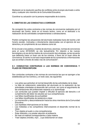 22
Mediación en la resolución pacífica de conflictos entre el propio alumnado o entre
este y cualquier otro miembro de la Comunidad Educativa.
Coordinar su actuación con la persona responsable de la tutoría.
8. ÁMBITOS DE LAS CONDUCTAS A CORREGIR
Se corregirán los actos contrarios a las normas de convivencia realizados por el
alumnado del Centro, tanto en el horario lectivo, como en el dedicado a la
realización de las actividades complementarias o extraescolares.
Podrán corregirse las actuaciones del alumnado realizadas fuera del recinto y del
horario escolar, motivadas o directamente relacionadas con el ejercicio de sus
derechos y el cumplimiento de sus deberes como tal.
En la circular a los padres y madres de alumnos y alumnas, normas de convivencia
para el curso 2019/2020, se cita textualmente “En relación a las nuevas
tecnologías y el uso de los medios de comunicación tipo whatsapp, se les recuerda
que debemos hacer un buen uso de los mismos, a favor de un buen clima de
convivencia. El centro no se hace responsable de los comentarios o informaciones
que se emitan a través de estas vías de comunicación”.
8.1. CONDUCTAS CONTRARIAS A LAS NORMAS DE CONVIVENCIA Y
PLAZO DE PRESCRIPCIÓN
Son conductas contrarias a las normas de convivencia las que se opongan a las
establecidas por los Centros y, en todo caso, las siguientes:
- Los actos que perturben el normal desarrollo de las actividades de la clase
- La falta de colaboración sistemática del alumnado en la realización de las
actividades orientadas al desarrollo del currículo, así como el seguimiento de
las orientaciones del profesorado respecto a su aprendizaje
- Las conductas que puedan impedir o dificultar el ejercicio del derecho o el
cumplimiento del deber de estudiar por sus compañeros/as
- Las faltas injustificadas de puntualidad
- Las faltas injustificadas de asistencia a clase
- La incorrección y desconsideración hacia los otros miembros de la Comunidad
Educativa
- Las repetidas interrupciones en la clase
- Las molestias a los compañeros interrumpiendo el desarrollo normal de la
clase
- Tirar objetos al suelo o a los compañeros/as
- Estar distraído y no prestar atención al profesor/a
- No traer el material correspondiente a cada materia
- Traer objetos (móviles, mp3…) que distorsionen en clase
 