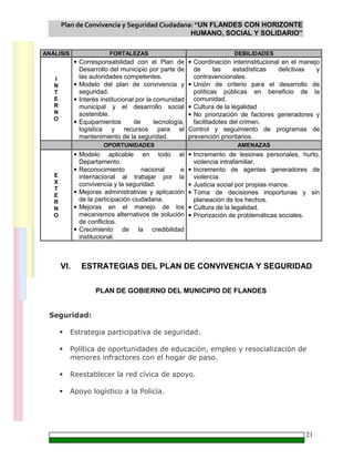 Plan de Convivencia y Seguridad Ciudadana: “UN FLANDES CON HORIZONTE
HUMANO, SOCIAL Y SOLIDARIO”
21
ANÁLISIS FORTALEZAS DEBILIDADES
I
N
T
E
R
N
O
• Corresponsabilidad con el Plan de
Desarrollo del municipio por parte de
las autoridades competentes.
• Modelo del plan de convivencia y
seguridad.
• Interés institucional por la comunidad
municipal y el desarrollo social
sostenible.
• Equipamientos de tecnología,
logística y recursos para el
mantenimiento de la seguridad.
• Coordinación interinstitucional en el manejo
de las estadísticas delictivas y
contravencionales.
• Unión de criterio para el desarrollo de
políticas públicas en beneficio de la
comunidad.
• Cultura de la legalidad
• No priorización de factores generadores y
facilitadotes del crimen.
Control y seguimiento de programas de
prevención prioritarios.
OPORTUNIDADES AMENAZAS
E
X
T
E
R
N
O
• Modelo aplicable en todo el
Departamento.
• Reconocimiento nacional e
internacional al trabajar por la
convivencia y la seguridad.
• Mejoras administrativas y aplicación
de la participación ciudadana.
• Mejoras en el manejo de los
mecanismos alternativos de solución
de conflictos.
• Crecimiento de la credibilidad
institucional.
• Incremento de lesiones personales, hurto,
violencia intrafamiliar.
• Incremento de agentes generadores de
violencia.
• Justicia social por propias manos.
• Toma de decisiones inoportunas y sin
planeación de los hechos.
• Cultura de la legalidad.
• Priorización de problemáticas sociales.
VI. ESTRATEGIAS DEL PLAN DE CONVIVENCIA Y SEGURIDAD
PLAN DE GOBIERNO DEL MUNICIPIO DE FLANDES
Seguridad:
Estrategia participativa de seguridad.
Política de oportunidades de educación, empleo y resocialización de
menores infractores con el hogar de paso.
Reestablecer la red cívica de apoyo.
Apoyo logístico a la Policía.
 