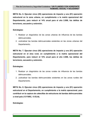Plan de Convivencia y Seguridad Ciudadana: “UN FLANDES CON HORIZONTE
HUMANO, SOCIAL Y SOLIDARIO”
31
META No. 6. Ejecutar cinco (05) operaciones de impacto y una (01) operación
estructural en la zona urbana, en cumplimiento a la matriz operacional del
Departamento, para reducir el 14% anual para el año 2.008, los delitos de
terrorismo, secuestro y extorsión.
Estrategias:
1. Realizar un diagnóstico de las zonas urbanas de influencia de las bandas
delincuenciales.
2. Judicializar las bandas delincuenciales existentes en las zonas urbanas del
Departamento.
META No. 7. Ejecutar cinco (05) operaciones de impacto y una (01) operación
estructural en el área rural, en cumplimiento a la matriz operacional del
Departamento, para reducir el 14% anual para el año 2.008, los delitos de
terrorismo, secuestro y extorsión.
Estrategias:
1. Realizar un diagnóstico de las zonas rurales de influencia de las bandas
delincuenciales.
2. Judicializar las bandas delincuenciales existentes en las zonas rurales del
Departamento.
META No. 8. Ejecutar cinco (05) operaciones de impacto y una (01) operación
estructural en el Departamento, en cumplimiento a la matriz operacional, para
contribuir en la captura de cabecillas de estructuras de bandas delincuenciales
a nivel país (13 FARC, 13 ELN).
Estrategias:
 