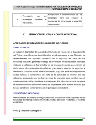 Plan de Convivencia y Seguridad Ciudadana: “UN FLANDES CON HORIZONTE
HUMANO, SOCIAL Y SOLIDARIO”
37
3
Formulación de las
estrategias, acciones e
indicadores.
Recopilación e implementación de las
estrategias para dar solución a
problemas de convivencia y seguridad
determinados.
X. SITUACIÓN DELICTIVA Y CONTRAVENCIONAL
APRECIACION DE SITUACION DEL MUNICIPIO DE FLANDES
ASPECTO SOCIAL
Al realizar el diagnóstico de seguridad del Municipio de Flandes en el Departamento
del Tolima, es evidente que la problemática social que aqueja a este Municipio ha
desencadenado una equívoca percepción de la seguridad por parte de sus
habitantes, la cual ha generado un sesgo de información en los resultados obtenidos
mediante la validación de los formatos en las pruebas de campo, pues si bien es
cierto que la información obtenida refleja en gran parte la situación de seguridad y
convivencia ciudadana actual de la municipalidad, cuyo pilar es la desintegración del
núcleo familiar; el compromiso por parte de la comunidad es mínimo ante las
soluciones proyectadas por las fuerzas vivas del municipio para contribuir con el
mejoramiento de calidad de vida de sus habitantes; Por tal motivo se hace necesaria
la implementación de actividades como las proyectadas en el anterior recuadro que
buscan sensibilizar y crear conciencia de participación ciudadana.
SITUACIÓN DELINCUENCIAL
Históricamente, los delitos de mayor afectación e incidencia en la seguridad de los
habitantes de esta región son; el homicidio, hurto a personas, residencias, y lesiones
personales.
Venta y consumo alucinógenos
 