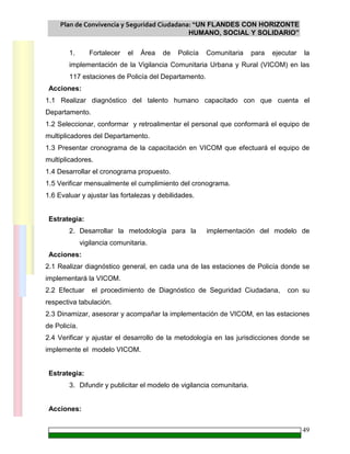 Plan de Convivencia y Seguridad Ciudadana: “UN FLANDES CON HORIZONTE
HUMANO, SOCIAL Y SOLIDARIO”
49
1. Fortalecer el Área de Policía Comunitaria para ejecutar la
implementación de la Vigilancia Comunitaria Urbana y Rural (VICOM) en las
117 estaciones de Policía del Departamento.
Acciones:
1.1 Realizar diagnóstico del talento humano capacitado con que cuenta el
Departamento.
1.2 Seleccionar, conformar y retroalimentar el personal que conformará el equipo de
multiplicadores del Departamento.
1.3 Presentar cronograma de la capacitación en VICOM que efectuará el equipo de
multiplicadores.
1.4 Desarrollar el cronograma propuesto.
1.5 Verificar mensualmente el cumplimiento del cronograma.
1.6 Evaluar y ajustar las fortalezas y debilidades.
Estrategia:
2. Desarrollar la metodología para la implementación del modelo de
vigilancia comunitaria.
Acciones:
2.1 Realizar diagnóstico general, en cada una de las estaciones de Policía donde se
implementará la VICOM.
2.2 Efectuar el procedimiento de Diagnóstico de Seguridad Ciudadana, con su
respectiva tabulación.
2.3 Dinamizar, asesorar y acompañar la implementación de VICOM, en las estaciones
de Policía.
2.4 Verificar y ajustar el desarrollo de la metodología en las jurisdicciones donde se
implemente el modelo VICOM.
Estrategia:
3. Difundir y publicitar el modelo de vigilancia comunitaria.
Acciones:
 
