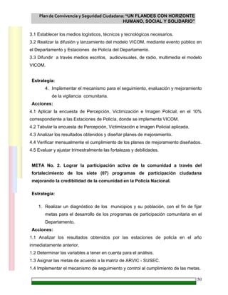 Plan de Convivencia y Seguridad Ciudadana: “UN FLANDES CON HORIZONTE
HUMANO, SOCIAL Y SOLIDARIO”
50
3.1 Establecer los medios logísticos, técnicos y tecnológicos necesarios.
3.2 Realizar la difusión y lanzamiento del modelo VICOM, mediante evento público en
el Departamento y Estaciones de Policía del Departamento.
3.3 Difundir a través medios escritos, audiovisuales, de radio, multimedia el modelo
VICOM.
Estrategia:
4. Implementar el mecanismo para el seguimiento, evaluación y mejoramiento
de la vigilancia comunitaria.
Acciones:
4.1 Aplicar la encuesta de Percepción, Victimización e Imagen Policial, en el 10%
correspondiente a las Estaciones de Policía, donde se implementa VICOM.
4.2 Tabular la encuesta de Percepción, Victimización e Imagen Policial aplicada.
4.3 Analizar los resultados obtenidos y diseñar planes de mejoramiento.
4.4 Verificar mensualmente el cumplimiento de los planes de mejoramiento diseñados.
4.5 Evaluar y ajustar trimestralmente las fortalezas y debilidades.
META No. 2. Lograr la participación activa de la comunidad a través del
fortalecimiento de los siete (07) programas de participación ciudadana
mejorando la credibilidad de la comunidad en la Policía Nacional.
Estrategia:
1. Realizar un diagnóstico de los municipios y su población, con el fin de fijar
metas para el desarrollo de los programas de participación comunitaria en el
Departamento.
Acciones:
1.1 Analizar los resultados obtenidos por las estaciones de policía en el año
inmediatamente anterior.
1.2 Determinar las variables a tener en cuenta para el análisis.
1.3 Asignar las metas de acuerdo a la matriz de ARVIC - SUSEC.
1.4 Implementar el mecanismo de seguimiento y control al cumplimiento de las metas.
 