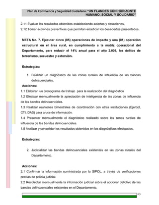Plan de Convivencia y Seguridad Ciudadana: “UN FLANDES CON HORIZONTE
HUMANO, SOCIAL Y SOLIDARIO”
63
2.11 Evaluar los resultados obtenidos estableciendo aciertos y desaciertos.
2.12 Tomar acciones preventivas que permitan erradicar los desaciertos presentados.
META No. 7. Ejecutar cinco (05) operaciones de impacto y una (01) operación
estructural en el área rural, en cumplimiento a la matriz operacional del
Departamento, para reducir el 14% anual para el año 2.008, los delitos de
terrorismo, secuestro y extorsión.
Estrategias:
1. Realizar un diagnóstico de las zonas rurales de influencia de las bandas
delincuenciales.
Acciones:
1.1 Elaborar un cronograma de trabajo para la realización del diagnóstico
1.2 Efectuar mensualmente la apreciación de inteligencia de las zonas de influencia
de las bandas delincuenciales.
1.3 Realizar reuniones bimestrales de coordinación con otras instituciones (Ejercol,
CTI, DAS) para cruce de información.
1.4 Presentar mensualmente el diagnóstico realizado sobre las zonas rurales de
influencia de las bandas delincuenciales.
1.5 Analizar y consolidar los resultados obtenidos en los diagnósticos efectuados.
Estrategias:
2. Judicializar las bandas delincuenciales existentes en las zonas rurales del
Departamento.
Acciones:
2.1 Confirmar la información suministrada por la SIPOL, a través de verificaciones
previas de policía judicial.
2.2 Recolectar mensualmente la información judicial sobre el accionar delictivo de las
bandas delincuenciales existentes en el Departamento.
 