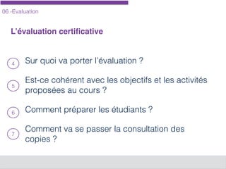 06 -Evaluation
L’évaluation certiﬁcative
Sur quoi va porter l’évaluation ?
Est-ce cohérent avec les objectifs et les activités
proposées au cours ?
Comment préparer les étudiants ?
Comment va se passer la consultation des
copies ?
4
5
6
7
 