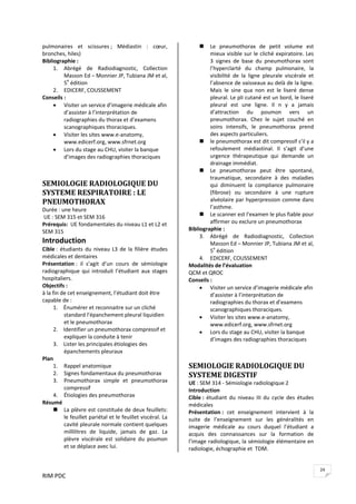 RIM PDC 
24
pulmonaires  et  scissures ;  Médiastin  :  cœur, 
bronches, hiles) 
Bibliographie :  
1. Abrégé  de  Radiodiagnostic,  Collection 
Masson Ed – Monnier JP, Tubiana JM et al, 
5e
 édition 
2. EDICERF, COUSSEMENT 
Conseils :  
• Visiter un service d’imagerie médicale afin 
d’assister à l’interprétation de 
radiographies du thorax et d’examens 
scanographiques thoraciques. 
• Visiter les sites www.e‐anatomy,  
www.edicerf.org, www.sfrnet.org  
• Lors du stage au CHU, visiter la banque 
d’images des radiographies thoraciques 
 
 
SEMIOLOGIE RADIOLOGIQUE DU 
SYSTEME RESPIRATOIRE : LE  
PNEUMOTHORAX 
Durée : une heure 
 UE : SEM 315 et SEM 316 
Prérequis:  UE fondamentales du niveau L1 et L2 et 
SEM 315 
Introduction 
Cible : étudiants du niveau L3 de la filière études 
médicales et dentaires 
Présentation :  il  s’agit  d’un  cours  de  sémiologie 
radiographique qui introduit l’étudiant aux stages 
hospitaliers. 
Objectifs :  
à la fin de cet enseignement, l’étudiant doit être 
capable de : 
1. Énumérer et reconnaitre sur un cliché 
standard l’épanchement pleural liquidien 
et le pneumothorax 
2. Identifier un pneumothorax compressif et 
expliquer la conduite à tenir 
3. Lister les principales étiologies des 
épanchements pleuraux 
Plan 
1. Rappel anatomique 
2. Signes fondamentaux du pneumothorax 
3. Pneumothorax  simple  et  pneumothorax 
compressif 
4. Étiologies des pneumothorax 
Résumé  
La plèvre est constituée de deux feuillets:  
le feuillet pariétal et le feuillet viscéral. La 
cavité pleurale normale contient quelques 
millilitres  de  liquide,  jamais  de  gaz.  La 
plèvre  viscérale  est  solidaire  du  poumon 
et se déplace avec lui. 
Le  pneumothorax  de  petit  volume  est 
mieux visible sur le cliché expiratoire. Les 
3  signes  de  base  du  pneumothorax  sont 
l’hyperclarté  du  champ  pulmonaire,  la 
visibilité  de  la  ligne  pleurale  viscérale  et 
l’absence de vaisseaux au delà de la ligne. 
Mais  le  sine  qua  non  est  le  liseré  dense 
pleural. Le pli cutané est un bord, le liseré 
pleural  est  une  ligne.  Il  n  y  a  jamais 
d’attraction  du  poumon  vers  un 
pneumothorax.  Chez  le  sujet  couché  en 
soins  intensifs,  le  pneumothorax  prend 
des aspects particuliers. 
le pneumothorax est dit compressif s’il y a 
refoulement  médiastinal.  Il  s’agit  d’une 
urgence  thérapeutique  qui  demande  un 
drainage immédiat.  
Le  pneumothorax  peut  être  spontané, 
traumatique,  secondaire  à  des  maladies 
qui  diminuent  la  compliance  pulmonaire 
(fibrose)  ou  secondaire  à  une  rupture 
alvéolaire par hyperpression comme dans 
l’asthme. 
Le scanner est l’examen le plus fiable pour 
affirmer ou exclure un pneumothorax 
Bibliographie :  
3. Abrégé  de  Radiodiagnostic,  Collection 
Masson Ed – Monnier JP, Tubiana JM et al, 
5e
 édition 
4. EDICERF, COUSSEMENT 
Modalités de l’évaluation 
QCM et QROC 
Conseils :  
• Visiter un service d’imagerie médicale afin 
d’assister à l’interprétation de 
radiographies du thorax et d’examens 
scanographiques thoraciques. 
• Visiter les sites www.e‐anatomy,  
www.edicerf.org, www.sfrnet.org  
• Lors du stage au CHU, visiter la banque 
d’images des radiographies thoraciques 
SEMIOLOGIE RADIOLOGIQUE DU 
SYSTEME DIGESTIF 
UE : SEM 314 ‐ Sémiologie radiologique 2 
Introduction  
Cible :  étudiant  du  niveau  III  du  cycle  des  études 
médicales 
Présentation :  cet  enseignement  intervient  à  la 
suite  de  l’enseignement  sur  les  généralités  en 
imagerie  médicale  au  cours  duquel  l’étudiant  a 
acquis  des  connaissances  sur  la  formation  de 
l’image radiologique, la sémiologie élémentaire en 
radiologie, échographie et  TDM. 
 