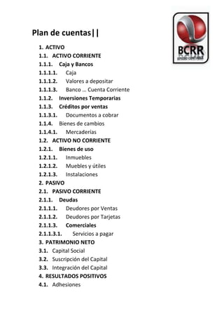 Plan de cuentas||
 1. ACTIVO
 1.1. ACTIVO CORRIENTE
 1.1.1. Caja y Bancos
 1.1.1.1. Caja
 1.1.1.2. Valores a depositar
 1.1.1.3. Banco … Cuenta Corriente
 1.1.2. Inversiones Temporarias
 1.1.3. Créditos por ventas
 1.1.3.1. Documentos a cobrar
 1.1.4. Bienes de cambios
 1.1.4.1. Mercaderías
 1.2. ACTIVO NO CORRIENTE
 1.2.1. Bienes de uso
 1.2.1.1. Inmuebles
 1.2.1.2. Muebles y útiles
 1.2.1.3. Instalaciones
 2. PASIVO
 2.1. PASIVO CORRIENTE
 2.1.1. Deudas
 2.1.1.1. Deudores por Ventas
 2.1.1.2. Deudores por Tarjetas
 2.1.1.3. Comerciales
 2.1.1.3.1.    Servicios a pagar
 3. PATRIMONIO NETO
 3.1. Capital Social
 3.2. Suscripción del Capital
 3.3. Integración del Capital
 4. RESULTADOS POSITIVOS
 4.1. Adhesiones
 