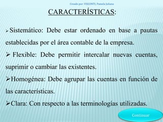 CARACTERÍSTICAS:
 Sistemático: Debe estar ordenado en base a pautas
establecidas por el área contable de la empresa.
 Flexible: Debe permitir intercalar nuevas cuentas,
suprimir o cambiar las existentes.
Homogénea: Debe agrupar las cuentas en función de
las características.
Clara: Con respecto a las terminologías utilizadas.
Creado por: VISCONTI, Pamela Juliana
 