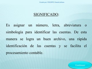 SIGNIFICADO:
Es asignar un número, letra, abreviatura o
simbología para identificar las cuentas. De esta
manera se logra un buen archivo, una rápida
identificación de las cuentas y se facilita el
procesamiento contable.
Creado por: VISCONTI, Pamela Juliana
 