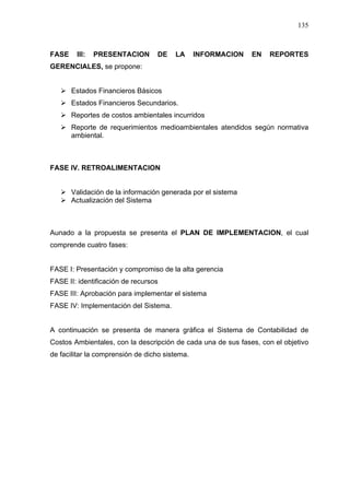 135
FASE III: PRESENTACION DE LA INFORMACION EN REPORTES
GERENCIALES, se propone:
Estados Financieros Básicos
Estados Financieros Secundarios.
Reportes de costos ambientales incurridos
Reporte de requerimientos medioambientales atendidos según normativa
ambiental.
FASE IV. RETROALIMENTACION
Validación de la información generada por el sistema
Actualización del Sistema
Aunado a la propuesta se presenta el PLAN DE IMPLEMENTACION, el cual
comprende cuatro fases:
FASE I: Presentación y compromiso de la alta gerencia
FASE II: identificación de recursos
FASE III: Aprobación para implementar el sistema
FASE IV: Implementación del Sistema.
A continuación se presenta de manera gráfica el Sistema de Contabilidad de
Costos Ambientales, con la descripción de cada una de sus fases, con el objetivo
de facilitar la comprensión de dicho sistema.
 