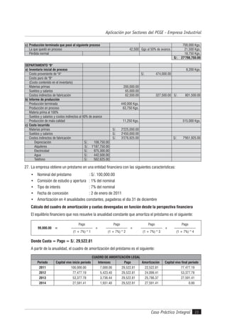 Caso Práctico Integral 23
Aplicación por Sectores del PCGE - Empresa Industrial
c) Producción terminada que pasó al siguiente proceso 700,000 Kgs.
La que quedó en proceso 42,500 Ggs al 50% de avance. 21,500 Kgs.
Pérdida normal 18,750 Kgs.
S/. 27'798,750.00
DEPARTAMENTO "B"
a) Inventario inicial de proceso 8,200 Kgs.
Costo proveniente de "A" S/. 474,000.00
Costo puro de "B"
(Costo contenido en el inventario)
Materias primas 200,000.00
Sueldos y salarios 65,000.00
Costos indirectos de fabricación 62,500.00 327,500.00 S/. 801,500.00
b) Informe de producción
Producción terminada 440,000 Kgs.
Producción en proceso 63,750 Kgs.
Materia prima al 100%
Sueldos y salarios y costos indirectos al 60% de avance
Producción de mala calidad 11,250 Kgs. 515,000 Kgs.
c) Costo incurrido
Materias primas S/. 2'225,000.00
Sueldos y salarios S/. 2'450,000.00
Costos indirectos de fabricación S/. 3'276,925.00 S/. 7'951,925.00
Depreciación S/. 108,750.00
Alquileres S/. 1'187,750.00
Electricidad S/. 975,300.00
Agua S/. 442,500.00
Teléfono S/. 562,625.00
27. La empresa obtiene un préstamo en una entidad financiera con las siguientes características:
• Nominal del préstamo : S/. 100,000.00
• Comisión de estudio y apertura : 1% del nominal
• Tipo de interés : 7% del nominal
• Fecha de concesión : 2 de enero de 2011
• Amortización en 4 anualidades constantes, pagaderas el día 31 de diciembre
Cálculo del cuadro de amortización y cuotas devengadas en función desde la perspectiva financiera
El equilibrio financiero que nos resuelve la anualidad constante que amortiza el préstamo es el siguiente:
99,000.00 =
Pago
------------------- +
(1 + 7%)^1
Pago
------------------- +
(1 + 7%)^2
Pago
------------------- +
(1 + 7%)^3
Pago
-------------------
(1 + 7%)^4
Donde Cuota = Pago = S/. 29,522.81
A partir de la anualidad, el cuadro de amortización del préstamo es el siguiente:
CUADRO DE AMORTIZACIÓN LEGAL
Periodo Capital vivo inicio período Intereses Pago Amortización Capital vivo final período
2011 100,000.00 7,000.00 29,522.81 22,522.81 77,477.19
2012 77,477.19 5,423.40 29,522.81 24,099.41 53,377.78
2013 53,377.78 3,736.44 29,522.81 25,786.37 27,591.41
2014 27,591.41 1,931.40 29,522.81 27,591.41 0.00
 