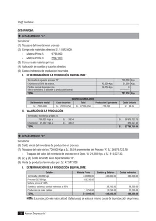 Asesor Empresarial
Staff Contable
24
DESARROLLO:
 DEPARTAMENTO "A"
Secuencia:
(1) Traspaso del inventario en proceso
(2) Compra de materiales directos S/. 11'812,000
- Materia Prima A 9'765,000
- Materia Prima B 2'047,000
(3) Consumo de materias primas
(4) Aplicación de sueldos y salarios directos
(5) Costos indirectos de producción incurridos
I. DETERMINACIÓN DE LA PRODUCCIÓN EQUIVALENTE:
Terminada al siguiente proceso "B" 700,000 Kgs.
En proceso al 50% de avance, 42,500 Kgs. 21,250 Kgs.
Pérdida normal de producción
(No se considera, la absorbe la producción buena)
18,750 Kgs. 0
————
TOTAL 721,250 Kgs.
COSTOS ACUMULADOS
Del inventario inicial Costo incurrido Total Producción Equivalente Costo Unitario
S/. 2'695,000 S/. 25'103,750 S/. 27'798,750 721,250 S/. 38.54
II. VALUACIÓN DE LA PRODUCCIÓN
Terminada y transferida al Dpto. B.
700,000 Kgs. a S/. 38.54 S/. 26'979,722.70
En proceso 21,250 Kgs. a S/. 38.54 819,027.30
TOTAL S/. 27'798,750.00
 DEPARTAMENTO "B"
Secuencia:
(6) Saldo inicial del inventario de producción en proceso.
(7) Traspaso del valor de los 700,000 Kgs a S/. 38.54 provenientes del Proceso “A” S/. 26'979,722.70.
- Traspaso del valor del inventario de proceso en el Dpto. “A” 21,250 Kgs. a S/. 819,027.30.
(8) (7) y (8) Costo incurrido en el departamento “B”.
(9) Venta de productos terminados por: S/. 47,517,828
I. DETERMINACIÓN DE LA PRODUCCIÓN EQUIVALENTE:
Detalles Materia Prima Sueldos y Salarios Costos Indirectos
Terminada 440,000 Kgs. 440,000.00 440,000.00 440,000.00
Proceso 63,750 Kgs. 63,750.00
Materia prima al 100%
Sueldos y salarios y costos indirectos al 60% 38,250.00 38,250.00
Producción de mala calidad 11,250.00 11,250.00 11,250.00
TOTAL 515,000.00 489,500.00 489,500.00
NOTA: La producción de mala calidad (defectuosa) se valúa al mismo costo de la producción de primera.
 