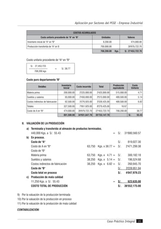 Caso Práctico Integral 25
Aplicación por Sectores del PCGE - Empresa Industrial
COSTOS ACUMULADOS
Costo unitario procedente de "A" en "B" Unidades Valores
Inventario inicial de "A" en "B" 8,200.00 474,000.00
Producción transferida de "A" en B 700,000.00 26'979,722.70
708,200.00 Kgs. S/. 27'453,722.70
Costo unitario procedente de "A" en "B"
S/. 27,453,723
-----------------------
708,200 kgs
= S/. 38.77
Costo puro departamento "B"
Detalles
Inventario
Inicial
Costo incurrido Total
Producción
equivalente
Costo
Unitario
Materia prima 200,000.00 2'225,000.00 2'425,000.00 515,000.00 4.71
Sueldos y salarios 65,000.00 2'450,000.00 2'515,000.00 489,500.00 5.14
Costos indirectos de fabricación 62,500.00 3'276,925.00 3'339,425.00 489,500.00 6.82
Totales 327,500.00 7'951,925.00 8'279,425.00 16.67
Costo de A en "B" 474,000.00 26'979,722.70 27'453,722.70 708,200.00 38.77
801,500.00 34'931,647.70 35'733,147.70 S/. 55.43
II. VALUACIÓN DE LA PRODUCCIÓN
a) Terminada y transferida al almacén de productos terminados.
440,000 Kgs. a S/. 55.43 = S/. 31'880,560.57
b) En proceso.
Costo de "A" S/. 819,027.30
Costo de A en "B" 63,750 Kgs. x 38.77 = S/. 2'471,299.38
Costo de "B"
Materia prima 63,750 Kgs. x 4.71 = S/. 300,182.18
Sueldos y salarios 38,250 Kgs. x 5.14 = S/. 196,524.68
Costos indirectos de fabricación 38,250 Kgs. x 6.82 = S/. 260,945.70
Costo de "B" S/. 3'228,951.94
Costo total en proceso S/. 4'047,979.23
c) Producción de mala calidad
11,250 Kgs. a S/. 55.43 = S/. 623,635.00
COSTO TOTAL DE PRODUCCIÓN S/. 36'552,175.00
9) Por la valuación de la producción terminada
10) Por la valuación de la producción en proceso
11) Por la valuación de la producción de mala calidad
CONTABILIZACIÓN:
 