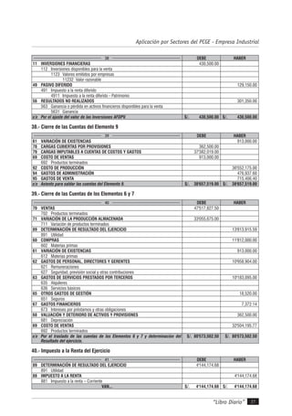 “Libro Diario” 37
Aplicación por Sectores del PCGE - Empresa Industrial
38 DEBE HABER
11 INVERSIONES FINANCIERAS 430,500.00
112 Inversiones disponibles para la venta
1123 Valores emitidos por empresas
11232 Valor razonable
49 PASIVO DIFERIDO 129,150.00
491 Impuesto a la renta diferido
4911 Impuesto a la renta diferido - Patrimonio
56 RESULTADOS NO REALIZADOS 301,350.00
563 Ganancia o pérdida en activos financieros disponibles para la venta
5631 Ganancia
x/x Por el ajuste del valor de las Inversiones AFDPV. S/. 430,500.00 S/. 430,500.00
38.- Cierre de las Cuentas del Elemento 9
39 DEBE HABER
61 VARIACIÓN DE EXISTENCIAS 913,000.00
78 CARGAS CUBIERTAS POR PROVISIONES 362,500.00
79 CARGAS IMPUTABLES A CUENTAS DE COSTOS Y GASTOS 37'382,019.00
69 COSTO DE VENTAS 913,000.00
692 Productos terminados
92 COSTO DE PRODUCCIÓN 36'552,175.00
94 GASTOS DE ADMINISTRACIÓN 476,937.60
95 GASTOS DE VENTA 715,406.40
x/x Asiento para saldar las cuentas del Elemento 9. S/. 38'657,519.00 S/. 38'657,519.00
39.- Cierre de las Cuentas de los Elementos 6 y 7
40 DEBE HABER
70 VENTAS 47'517,827.50
702 Productos terminados
71 VARIACIÓN DE LA PRODUCCIÓN ALMACENADA 33'055,675.00
711 Variación de productos terminados
89 DETERMINACIÓN DE RESULTADO DEL EJERCICIO 13'813,915.59
891 Utilidad
60 COMPRAS 11'812,000.00
602 Materias primas
61 VARIACIÓN DE EXISTENCIAS 913,000.00
612 Materias primas
62 GASTOS DE PERSONAL, DIRECTORES Y GERENTES 10'958,904.00
621 Remuneraciones
627 Seguridad, previsión social y otras contribuciones
63 GASTOS DE SERVICIOS PRESTADOS POR TERCEROS 10'183,095.00
635 Alquileres
636 Servicios básicos
65 OTROS GASTOS DE GESTIÓN 18,520.00
651 Seguros
67 GASTOS FINANCIEROS 7,372.14
673 Intereses por préstamos y otras obligaciones
68 VALUACIÓN Y DETERIORO DE ACTIVOS Y PROVISIONES 362,500.00
681 Depreciación
69 COSTO DE VENTAS 32'504,195.77
692 Productos terminados
x/x Por el traslado de las cuentas de los Elementos 6 y 7 y determinación del
Resultado del ejercicio.
S/. 80'573,502.50 S/. 80'573,502.50
40.- Impuesto a la Renta del Ejercicio
41 DEBE HABER
89 DETERMINACIÓN DE RESULTADO DEL EJERCICIO 4'144,174.68
891 Utilidad
88 IMPUESTO A LA RENTA 4'144,174.68
881 Impuesto a la renta – Corriente
VAN... S/. 4'144,174.68 S/. 4'144,174.68
 