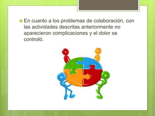  En cuanto a los problemas de colaboración, con
las actividades descritas anteriormente no
aparecieron complicaciones y el dolor se
controló.
 