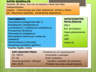 DATOS GENERALES
Hombre, 80 años, vive con su esposa y tiene dos hijos
independizados.
Ingreso: Colonoscopia por dolor abdominal, vómitos y fiebre.
Dx: Neumonía izquierda. Insuficiencia respiratoria.
EXPLORACIÓN FÍSICA Presenta tos con expectoración
TA: 156/70 Consciente y orientado
FC: 92 Dolor moderado
Nivel de glucemia: 126mg/dl Equilibro inestable. No deambula
IMC: 29,76 Portador de sonda vesical temporal
ANTECEDENTES
PATOLÓGICOS
DM II
Enf. de Addison
Hipercolesterolemia
HTA
HBP
Varias IQ
TRATAMIENTO
Tamsulosina (antagonista alfa-1)
Escitalopram (antidepresivo)
Levofloxacino y Ceftriaxona (antibióticos)
Furosemida (diurético)
Paracetamol (analgésico)
Simvastatina (disminuye niveles de
colesterol)
Hidrocortisona (corticoide)
Omeprazol (protector gástrico)
Insulina rápida y lenta
 