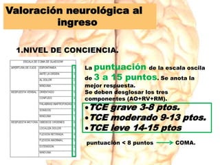 Valoración neurológica al
ingreso
1.NIVEL DE CONCIENCIA.
La puntuación de la escala oscila
de 3 a 15 puntos. Se anota la
mejor respuesta.
Se deben desglosar los tres
componentes (AO+RV+RM).
TCE grave 3-8 ptos.
TCE moderado 9-13 ptos.
TCE leve 14-15 ptos
puntuación < 8 puntos COMA.
 