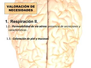 1. Respiración II.
1.2.- Permeabilidad de vía aérea: presencia de secreciones y
características .
1.3.- Coloración de piel y mucosas
VALORACIÓN DE
NECESIDADES
 