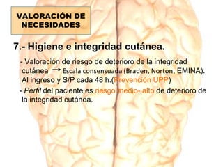 7.- Higiene e integridad cutánea.
- Valoración de riesgo de deterioro de la integridad
cutánea Escala consensuada (Braden, Norton, EMINA).
Al ingreso y S/P cada 48 h.(Prevención UPP)
- Perfil del paciente es riesgo medio- alto de deterioro de
la integridad cutánea.
VALORACIÓN DE
NECESIDADES
 