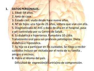 1. DATOS PERSONALES.-
1. Edad: 59 años.
2. Ama de casa.
3. Estado civil: viuda desde hace nueve años.
4. Nº de hijos: una hija de 25 años, soltera que vive con ella.
5. Diagnosticada de AVC y dada de alta en el hospital, pasa
a ser controlada por su Centro de Salud..
6. Es diabética e hipertensa. Fumadora 10 c/dia.
Tratamiento oral para sus procesos patológicos. Dieta
diabética e hiposódica.
7. Su hija va a participar en los cuidados. Se niega a recibir
cuidados incluso ser visitada por el resto de su familia ,
amigos o vecinos.
8. Habla el idioma del país.
Dificultad de expresión(disartria)no de comprensión.
 