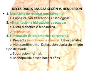 NECESIDADES BÁSICAS SEGÚN V. HENDERSON
• 1. Necesidad de respirar normalmente.
a. Eupneica. Sin alteraciones patológicas.
2. Alimentación e hidratación adecuadas.
a. Dieta diabética e hiposódica.
b. Inapetente.
3. Eliminación de los desechos corporales.
a. Presenta incontinencia urinaria. Lleva pañales.
b. No estreñimiento. Defecación diaria sin ningún
tipo de ayuda.
c. Sudoración normal.
d. Menopausia desde hace 9 años
 