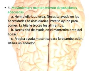 • 4. Movimiento y mantenimiento de posiciones
adecuadas.
a. Hemiplejia izquierda. Necesita ayuda en las
necesidades básicas diarias. Precisa ayuda para
comer. La hija le trocea los alimentos.
b. Necesidad de ayuda en el mantenimiento del
hogar.
c. Precisa ayuda mecánica para la deambulación.
Utiliza un andador.
 