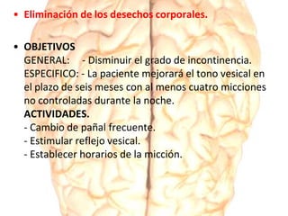• Eliminación de los desechos corporales.
• OBJETIVOS
GENERAL: - Disminuir el grado de incontinencia.
ESPECIFICO: - La paciente mejorará el tono vesical en
el plazo de seis meses con al menos cuatro micciones
no controladas durante la noche.
ACTIVIDADES.
- Cambio de pañal frecuente.
- Estimular reflejo vesical.
- Establecer horarios de la micción.
 