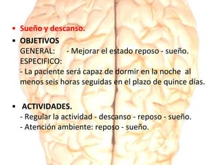 • Sueño y descanso.
• OBJETIVOS
GENERAL: - Mejorar el estado reposo - sueño.
ESPECIFICO:
- La paciente será capaz de dormir en la noche al
menos seis horas seguidas en el plazo de quince días.
• ACTIVIDADES.
- Regular la actividad - descanso - reposo - sueño.
- Atención ambiente: reposo - sueño.
 