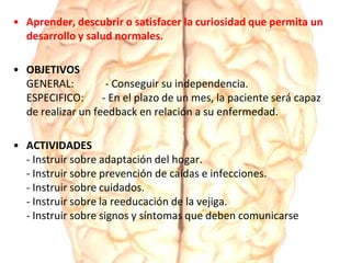 • Aprender, descubrir o satisfacer la curiosidad que permita un
desarrollo y salud normales.
• OBJETIVOS
GENERAL: - Conseguir su independencia.
ESPECIFICO: - En el plazo de un mes, la paciente será capaz
de realizar un feedback en relación a su enfermedad.
• ACTIVIDADES
- Instruir sobre adaptación del hogar.
- Instruir sobre prevención de caídas e infecciones.
- Instruir sobre cuidados.
- Instruir sobre la reeducación de la vejiga.
- Instruir sobre signos y síntomas que deben comunicarse
 