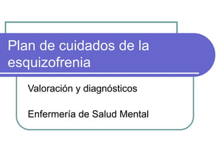 Plan de cuidados de la
esquizofrenia
Valoración y diagnósticos
Enfermería de Salud Mental
 