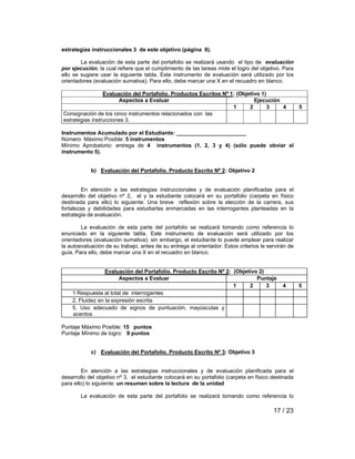 17 / 23 
estrategias instruccionales 3 de este objetivo (página 8). 
La evaluación de esta parte del portafolio se realizará usando el tipo de evaluación 
por ejecución, la cual refiere que el cumplimiento de las tareas mide el logro del objetivo. Para 
ello se sugiere usar la siguiente tabla. Este instrumento de evaluación será utilizado por los 
orientadores (evaluación sumativa); Para ello, debe marcar una X en el recuadro en blanco. 
Evaluación del Portafolio. Productos Escritos Nº 1: (Objetivo 1) 
Aspectos a Evaluar Ejecución 
1 2 3 4 5 
Consignación de los cinco instrumentos relacionados con las 
estrategias instrucciones 3. 
Instrumentos Acumulado por el Estudiante: _______________________ 
Número Máximo Posible: 5 instrumentos 
Mínimo Aprobatorio: entrega de 4 instrumentos (1, 2, 3 y 4) (sólo puede obviar el 
instrumento 5). 
b) Evaluación del Portafolio. Producto Escrito Nº 2: Objetivo 2 
En atención a las estrategias instruccionales y de evaluación planificadas para el 
desarrollo del objetivo nº 2, el y la estudiante colocará en su portafolio (carpeta en físico 
destinada para ello) lo siguiente: Una breve reflexión sobre la elección de la carrera, sus 
fortalezas y debilidades para estudiarlas enmarcadas en las interrogantes planteadas en la 
estrategia de evaluación. 
La evaluación de esta parte del portafolio se realizará tomando como referencia lo 
enunciado en la siguiente tabla. Este instrumento de evaluación será utilizado por los 
orientadores (evaluación sumativa); sin embargo, el estudiante lo puede emplear para realizar 
la autoevaluación de su trabajo, antes de su entrega al orientador. Estos criterios le servirán de 
guía. Para ello, debe marcar una X en el recuadro en blanco. 
Evaluación del Portafolio. Producto Escrito Nº 2: (Objetivo 2) 
Aspectos a Evaluar Puntaje 
1 2 3 4 5 
1 Respuesta al total de interrogantes 
2. Fluidez en la expresión escrita 
5. Uso adecuado de signos de puntuación, mayúsculas y 
acentos 
Puntaje Máximo Posible: 15 puntos 
Puntaje Mínimo de logro: 9 puntos 
c) Evaluación del Portafolio. Producto Escrito Nº 3: Objetivo 3 
En atención a las estrategias instruccionales y de evaluación planificada para el 
desarrollo del objetivo nº 3, el estudiante colocará en su portafolio (carpeta en físico destinada 
para ello) lo siguiente: un resumen sobre la lectura de la unidad 
La evaluación de esta parte del portafolio se realizará tomando como referencia lo 
 