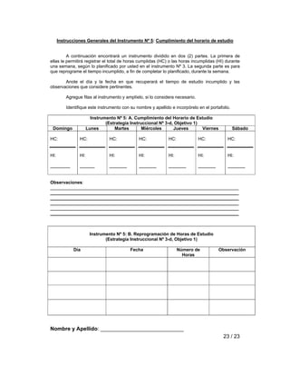 Instrucciones Generales del Instrumento Nº 5: Cumplimiento del horario de estudio 
A continuación encontrará un instrumento dividido en dos (2) partes. La primera de 
ellas le permitirá registrar el total de horas cumplidas (HC) o las horas incumplidas (HI) durante 
una semana, según lo planificado por usted en el instrumento Nº 3. La segunda parte es para 
que reprograme el tiempo incumplido, a fin de completar lo planificado, durante la semana. 
Anote el día y la fecha en que recuperará el tiempo de estudio incumplido y las 
23 / 23 
observaciones que considere pertinentes. 
Agregue filas al instrumento y amplíelo, si lo considera necesario. 
Identifique este instrumento con su nombre y apellido e incorpórelo en el portafolio. 
Instrumento Nº 5: A. Cumplimiento del Horario de Estudio 
(Estrategia Instruccional Nº 3-d, Objetivo 1) 
Domingo Lunes Martes Miércoles Jueves Viernes Sábado 
HC: 
HI: 
________ 
HC: 
HI: 
______ 
HC: 
HI: 
_______ 
HC: 
HI: 
_______ 
HC: 
HI: 
_______ 
HC: 
HI: 
_______ 
HC: 
HI: 
_______ 
Observaciones: 
____________________________________________________________________________ 
____________________________________________________________________________ 
____________________________________________________________________________ 
____________________________________________________________________________ 
____________________________________________________________________________ 
____________________________________________________________________________ 
Instrumento Nº 5: B. Reprogramación de Horas de Estudio 
(Estrategia Instruccional Nº 3-d, Objetivo 1) 
Día Fecha Número de 
Horas 
Observación 
Nombre y Apellido: ____________________________ 
