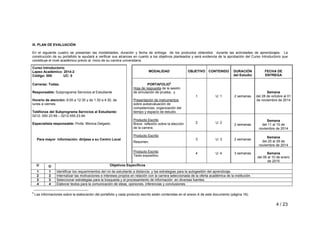 III. PLAN DE EVALUACIÓN 
En el siguiente cuadro se presentan las modalidades, duración y fecha de entrega de los productos obtenidos durante las actividades de aprendizajes. La 
construcción de su portafolio le ayudará a verificar sus alcances en cuanto a los objetivos planteados y será evidencia de la aprobación del Curso Introductorio que 
constituye el nivel académico previo al inicio de su carrera universitaria. 
Curso Introductorio 
Lapso Académico: 2014-2 
Código: 000 UC: 0 
4 / 23 
MODALIDAD OBJETIVO CONTENIDO DURACIÓN 
del Estudio 
FECHA DE 
ENTREGA 
Carreras: Todas. 
Responsable: Subprograma Servicios al Estudiante 
Horario de atención: 8:00 a 12:30 y de 1:30 a 4:30, de 
lunes a viernes. 
Teléfonos del Subprograma Servicios al Estudiante: 
0212- 550 23 69 – 0212-555.23.94. 
Especialista responsable: Profa. Mónica Delgado. 
Para mayor información: diríjase a su Centro Local 
PORTAFOLIO5 
Hoja de respuesta de la sesión 
de simulación de prueba, y 
Presentación de instrumentos 
sobre autoevaluación de 
competencias, organización del 
tiempo y espacio de estudio. 
1 U: 1 2 semanas 
Semana 
del 28 de octubre al 01 
de noviembre de 2014 
Producto Escrito 
Breve reflexión sobre la elección 
de la carrera. 
2 U: 2 2 semanas 
Semana 
del 11 al 15 de 
noviembre de 2014 
Producto Escrito 
Resumen. 
3 U: 3 2 semanas Semana 
del 25 al 29 de 
noviembre de 2014 
Producto Escrito 
Texto expositivo. 
4 U: 4 3 semanas Semana 
del 06 al 10 de enero 
de 2015 
U O Objetivos Específicos 
1 1 Identificar los requerimientos del rol de estudiante a distancia y las estrategias para la autogestión del aprendizaje. 
2 2 Internalizar las motivaciones e intereses propios en relación con la carrera seleccionada de la oferta académica de la institución. 
3 3 Seleccionar estrategias para la búsqueda y el procesamiento de información en diversas fuentes. 
4 4 Elaborar textos para la comunicación de ideas, opiniones, inferencias y conclusiones. 
5 Las informaciones sobre la elaboración del portafolio y cada producto escrito están contenidas en el anexo A de este documento (página 16). 
 