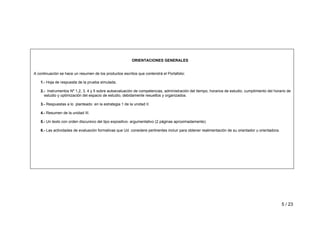 5 / 23 
ORIENTACIONES GENERALES 
A continuación se hace un resumen de los productos escritos que contendrá el Portafolio: 
1.- Hoja de respuesta de la prueba simulada. 
2.- Instrumentos Nº 1,2, 3, 4 y 5 sobre autoevaluación de competencias, administración del tiempo, horarios de estudio, cumplimiento del horario de 
estudio y optimización del espacio de estudio, debidamente resueltos y organizados. 
3.- Respuestas a lo planteado en la estrategia 1 de la unidad II. 
4.- Resumen de la unidad III. 
5.- Un texto con orden discursivo del tipo expositivo- argumentativo (2 páginas aproximadamente). 
6.- Las actividades de evaluación formativas que Ud. considere pertinentes incluir para obtener realimentación de su orientador u orientadora. 
 