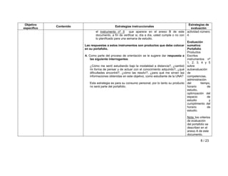 Objetivo 
específico Contenido Estrategias instruccionales Estrategias de 
evaluación 
8 / 23 
el instrumento nº 5 que aparece en el anexo B de este 
documento, a fin de verificar si, día a día, usted cumple o no con 
lo planificado para una semana de estudio. 
Las respuestas a estos instrumentos son productos que debe colocar 
en su portafolio. 
4. Como parte del proceso de orientación se le sugiere dar respuesta a 
las siguiente interrogantes: 
¿Cómo me sentí estudiando bajo la modalidad a distancia?, ¿cambió 
mi forma de pensar y de actuar con el conocimiento adquirido?, ¿qué 
dificultades encontré?, ¿cómo las resolví?, ¿para qué me sirven las 
informaciones obtenidas en este objetivo, como estudiante de la UNA? 
Esta estrategia es para su consumo personal, por lo tanto su producto 
no será parte del portafolio. 
actividad número 
4. 
Evaluación 
sumativa: 
Portafolio 
Productos 
Escritos 
instrumentos nº 
1, 2, 3, 4 y 5 
sobre 
autoevaluación 
de 
competencias, 
administración 
del tiempo, 
horario de 
estudio, 
optimización del 
espacio de 
estudio y 
cumplimiento del 
horario de 
estudio. 
Nota: los criterios 
de evaluación 
del portafolio se 
describen en el 
anexo A de este 
documento. 
 