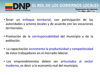 EL ROL DE LOS GOBIERNOS LOCALES
                                                  Generación de ingresos




• Tener un enfoque territorial, con participación de las
  autoridades y actores locales y de acuerdo con las vocaciones
  territoriales.

• Promoción de la corresponsabilidad del municipio y de la
  población.

• La capacitación incrementa la productividad y competitividad
 de estos trabajadores en el mercado laboral.

• Los emprendimientos deben ser articulados al sector
 moderno, es decir a la economía real del municipio.
 