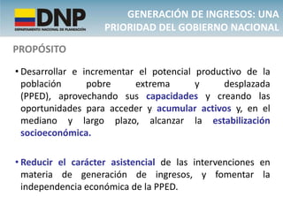 GENERACIÓN DE INGRESOS: UNA
                    PRIORIDAD DEL GOBIERNO NACIONAL
PROPÓSITO

• Desarrollar e incrementar el potencial productivo de la
  población      pobre     extrema       y     desplazada
  (PPED), aprovechando sus capacidades y creando las
  oportunidades para acceder y acumular activos y, en el
  mediano y largo plazo, alcanzar la estabilización
  socioeconómica.

• Reducir el carácter asistencial de las intervenciones en
  materia de generación de ingresos, y fomentar la
  independencia económica de la PPED.
 