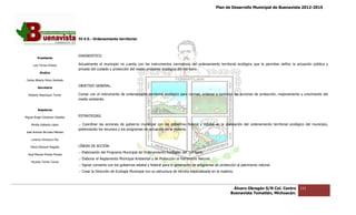 Plan de Desarrollo Municipal de Buenavista 2012-2015
                                                                                                                                                                          2015




                                 IV.4.5.- Ordenamiento territorial.



                                 DIAGNOSTICO.
         Presidente

      Luis Torres Chávez         Actualmente el municipio no cuenta con los instrumentos normativos del ordenamiento territorial ecológico que le permitan definir la actuación pública y
                                                                                                                                                           definir
                                 privada del cuidado y protección del medio ambiente ecol
                                                                                     ecológico del territorio.
           Sindico

 Carlos Alberto Pérez Andrade

         Secretario
                                 OBJETIVO GENERAL.

  Roberto Mayorquin Torres       Contar con el instrumento de ordenamiento territorial ecológico para normar, ordenar y controlar las acciones de protección, mejoramiento y crecimiento del
                                 medio ambiente.


         Regidores

Miguel Ángel Cárdenas Ceballos   ESTRATEGIAS.

    Mirella Gallardo López       .- Coordinar las acciones de gobierno municipal con los gobiernos federal y estatal en la planeación del ordenamiento territorial ecológico del municipi
                                                           de                                                                                                                    municipio,
                                 potenciando los recursos y los programas de actuación en la materia.
José Antonio Birrueta Méndez

    Lorenzo Verduzco Paz

    María Mariscal Magaña        LÍNEAS DE ACCIÓN.
                                 .- Elaboración del Programa Municipal de Ordenamiento Ecológico del Territorio.
  José Manuel Pineda Pineda
                                 .- Elaborar el Reglamento Municipal Ambiental y de Protección al Patrimonio Natural.
    Ricardo Torres Torres
                                 .- Signar convenio con los gobiernos estatal y federal para la generación de programas de protección al patrimonio natural.
                                 .- Crear la Dirección de Ecología Municipal con su estructura de técnica especializada en la materia.
                                        r



                                                                                                                                     Álvaro Obregón S/N Col. Centro       111
                                                                                                                                    Buenavista Tomatlán, Michoacán.
 
