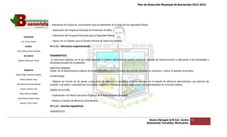 Plan de Desarrollo Municipal de Buenavista 2012-2015
                                                                                                                                                                         2015




                                 .- Adquisición de Equipo de comunicación para los elementos de la Dirección de Seguridad Pública.

                                 .- Elaboración del Programa Municipal de Prevención al Delito.

                                 .- Elaboración del Programa Municipal para la Seguridad Pública.
         Presidente

      Luis Torres Chávez         .- Apoyo con un Velador para la Escuela Primaria de Santa Ana Amatlán.
                                            n

           Sindico               IV.1.12.- Estructura organizacional.

 Carlos Alberto Pérez Andrade

         Secretario              DIAGNOSTICO.

  Roberto Mayorquin Torres        La estructura orgánica con la que venía operando la anterior administración pública municipal, requiere de reestructuración y adecuación a las necesidades y
                                 demandas actuales de la población.

                                 OBJETIVO GENERAL.
         Regidores
                                 Contar con la estructuración orgánica de la administración pública municipal que permita eficientar su actuación y reducir el aparato burocrático.
Miguel Ángel Cárdenas Ceballos
                                 ESTRATEGIAS.
    Mirella Gallardo López
                                 .- Elaborar en función de los planes y programas de gobierno la estructura orgánica con base en el estudio de eficiencia administrativa, que permita dar
                                                         de
José Antonio Birrueta Méndez     creación y las áreas y dependencias municipales justamente necesarias para el desempeño con responsabilidad de la función púb
                                                                                                                                                           pública.
    Lorenzo Verduzco Paz
                                 LÍNEAS DE ACCIÓN.
    María Mariscal Magaña
                                 .- Implementar una Nueva Estructura Orgánica de la Administración Municipal.
  José Manuel Pineda Pineda
                                 .- Realizar el estudi de eficiencia administrativa.
                                                estudio
    Ricardo Torres Torres
                                 IV.1.13.- Asuntos legislativos.

                                 DIAGNOSTICO.


                                                                                                                                    Álvaro Obregón S/N Col. Centro              52
                                                                                                                                   Buenavista Tomatlán, Michoacán.
 
