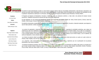 Plan de Desarrollo Municipal de Buenavista 2012-2015
                                                                                                                                                                       2015




                                 Al comienzo de esta administración se aplicó un censo donde se trató de abarcar todas las comunidades pertenecientes a este Municipio; descartando a las
                                                                                                                                                                     Municipio;
                                 personas que están siendo beneficiadas con otro tipo de apoyo (Oportunidades, Canasta Básica, Becas Municipales) para así satisfacer las necesidades de toda
                                 la población. Actualmente se distribuyen en el Municipio 1,066 beneficiarios del Programa de Asistencia Social Alimentaria a Familias (PASAF).

         Presidente              El Programa de Espacios de Alimentación, Encuentro y Desarrollo: apoya con desayunos nutritivos y a bajo costo a las personas de escasos recurs
                                                 Espacios                                                                                                                 recursos
                                 económicos. Trabajando activamente las personas del lugar donde están establecidas.
      Luis Torres Chávez
                                 Se está trabajando con ocho Espacios de Alimentación ubicados en las siguientes comunidades: División del Norte, Vicente Guerrero, Zimanca, Santa Ana
                                                                             Alimentación
           Sindico
                                 Amatlán, Punta de agua, Francisco Vi
                                                                   Villa, El Terrero y Buenavista.
 Carlos Alberto Pérez Andrade
                                 Se pretende primeramente complementar los faltantes y las necesidades de las Estancias de Alimentación, Encuentro y Desarrollo existentes: para después en
                                                                                                              Estancias
         Secretario              caso de haber peticiones solicitar para beneficiar otros lugares.
  Roberto Mayorquin Torres


                                  Los centros de capacitación y desarrollo, tiene como objetivo propiciar la participación activa y organizada de actividades productivas, para mejorar las
         Regidores               condiciones de vida de los habitantes de las comunidades. Este Municipio cuenta con 10 centros donde se imparten talleres: de los cuáles uno corresponde a
                                 Corte y Confección que se ubica en la Cabecera Municipal; tres centros de manualidades que se ubican en: uno en la Cabecera Municipal, uno en El Chamizal
Miguel Ángel Cárdenas Ceballos
                                 y uno en Vicente Guerrero; tres centros de cultura de belleza ubicados en: uno en San José Piedras Blancas, uno en Punta de Agua, y uno en Catalinas; dos
                                                                                                                                                              Agua,
    Mirella Gallardo López       centros de Repostería y Cocina ubicados en: uno en Santa Ana Amatlán y otro en Felipe Carrillo Puerto.
                                       s

José Antonio Birrueta Méndez      Los Centros de atención infantil comunitario (CAIC), son apoyo de los preescolares, donde se les brinda este servicio, se cuenta con cuatro centros en:
                                                                                                                                                            cuenta
    Lorenzo Verduzco Paz         Zimanca, Felipe Ángeles, Ci
                                        a,                Cinco de mayo y Buenavista.

    María Mariscal Magaña         Los programas antes mencionados son los que se tienen programados que se llevan a cabo, y esperamos que con la participación de las personas
                                                                                                                                                 participación
                                 beneficiadas se den buenos resultados.
                                        iadas
  José Manuel Pineda Pineda
                                  El programa de desayunos escolares, tiene como finalidad que los niños en edad escolar tengan una alimentación de calidad a bajo costo en su escuela p lo
                                                                                                                                                                                        por
    Ricardo Torres Torres
                                 que en este municipio reciben el desayuno caliente 1152 alumnos en las comunidades de: El Chamizal, Felipe Ángeles, Buenavi
                                                                                                                                                          Buenavistilla, Eréndira, Pinzándaro,
                                                                                                                                                                                 ,
                                 Cinco de Mayo, Santa Ana, Benito Juárez, El pilón, La Huina, El Razo del Órgano, Felipe Carrillo Puerto, y Buenavista.




                                                                                                                                 Álvaro Obregón S/N Col. Centro             78
                                                                                                                                Buenavista Tomatlán, Michoacán.
 