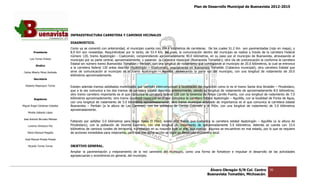 Plan de Desarrollo Municipal de Buenavista 2012-2015
                                                                                                                                                                        2015




                                 INFRAESTRUCTURA CARRETERA Y CAMINOS VECINALES

                                 DIAGNOSTICO.
                                 Como ya se comentó con anterioridad, el municipio cuenta con 104.6 kilómetros de carreteras. De los cuales 51.2 Km son pavimentadas (rojo en mapa), y
                                                                                                                                                           pavimentadas
         Presidente              8.9 Km son revestidas. Requiriéndose por lo tanto, de 53.4 Km. Así pues, la comunicación dentro del municipio se realiza a través de la carretera Federal
                                 número 120, tramo Apatzingán - Coalcomán, comprendiendo aproximadamente 40.0 kilómetros, en su paso por el municipio de Buenavista, atravesando al
      Luis Torres Chávez         municipio por su parte central, aproximadamente, y pasando la Cabecera municipal (Buenavista Tomatlán); otra vía de comunicación la conforma la carretera
                                                                 aproximadamente,
                                 Estatal sin número tramo Buenavista Tomatlán – Peribán, con una longitud de rodamiento que corresponde al municipio de 20.0 kilómetros, la cual se entronca
                                                                                                                                                                                 se
           Sindico
                                 a la carretera federal 120 antes descrita (Apatzingán – Coalcomán), exactamente en Buenavista Tomatlán (Cabecera municipal); otra carretera Estatal que
 Carlos Alberto Pérez Andrade    sirve de comunicación al municipio es el tramo Apatzingán – Aguililla, atravesando la parte sur del municipio, con una longitud de rodamiento de 20.0
                                                                                                                              sur
                                 kilómetros aproximadamente.
         Secretario

  Roberto Mayorquin Torres       Existen además tramos asfaltados municipales que también intercomunican a localidades del municipio como lo es el tramo Santa Ana Amatlán – Pinzándaro,
                                 que a la vez comunica a los dos tramos de carretera estatal descritos anteriormente, siendo su longitud de rodamiento de aproximadamente 8.0 kilómetros;
                                              comunica                                                                                                                              kilómetros;
                                 otro tramo carretero importante es el que comunica la carretera federal 120 con la tenencia de Felipe Carrillo Puerto, con una longitud de rodamiento de 7.0
                                                                                                                                                        con
         Regidores               kilómetros aproximadamente; otro tramo carretero municipal es el que comunica la carretera Estatal Apatzingán – Aguililla, con la localidad de Punta de Agua,
                                 con una longitud de rodamiento de 5.0 kilómetros aproximadamente; otro tramo municipal asfaltado de importancia es el que comunica la carretera estatal
                                                                                   aproximadamente;
Miguel Ángel Cárdenas Ceballos   Buenavista – Peribán (a la altura de Las Carreras), con los poblados de Cerrito Colorado y el Pilón, con una longitud de rodamiento de 3.0 kilómetros
                                 aproximadamente.
    Mirella Gallardo López

José Antonio Birrueta Méndez
                                 Faltando por asfaltar 5.0 kilómetros para llegar hasta El Pilón; existe otro tramo que comunica la carretera estatal Apatzing
                                                                                                                                                      Apatzingán – Aguililla (a la altura de
    Lorenzo Verduzco Paz         Pinzándaro), con la población de Vicente Guerrero, con una longitud de rodamiento de aproximadamente 5.0 kilómetros. Además se cuenta con 33.0
                                                                                                                              aproximadamente
                                 kilómetros de caminos rurales de terracería, transitables en su mayoría todo el año, aun cuando algunos se encuentran en mal estado, por lo que se requiere
    María Mariscal Magaña        de acciones inmediatas para mejorarlos, para que con dicha acción se logre un desarrollo económico local.

  José Manuel Pineda Pineda

    Ricardo Torres Torres        OBJETIVO GENERAL.
                                 Ampliar la pavimentación y mejoramiento de la red caminera del municipio, como una forma de fortalecer e impulsar el desarrollo de las actividades
                                                                                                                                                      desarrollo
                                 agropecuarias y económicas en general del municipio.
                                                               general,



                                                                                                                                  Álvaro Obregón S/N Col. Centro             96
                                                                                                                                 Buenavista Tomatlán, Michoacán.
 