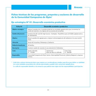 65
Ficha 01 Desarrollo económico productivo
Objetivo estratégico Mejorar la producción y la productividad de las actividades agropecuarias para incrementar los
niveles de nutrición y los ingresos de la economía de las familias.
Nombre del proyecto Construcción del canal de riego Gazuna - Gantupata - Huayllahura para actividades agropecuarias y
de reforestación.
Objetivo Elevar la producción agropecuaria y mejorar la termorregulación del ambiente en la zona rural de
Oyón.
Ubicación Sector de Ucruschaca, Pomamayo y Cashaucro.
Población beneficiaria 40 familias.
Descripción Construir canales de concreto en una extensión de 3 kilómetros.
Costo Aporte solicitado
S/. 170,000
Aporte local
Mano de obra no calificada
Costo Total
S/. 200,000
Responsables Comunidad Campesina de Oyón, barrios, Municipalidad Provincial, Gobierno Regional y empresas
mineras.
Fichas técnicas de los programas, proyectos y acciones de desarrollo
de la Comunidad Campesina de Oyón*
Eje estratégico Nº 01: Desarrollo económico productivo
Anexos
*	 Cada ficha contiene información básica que requiere ser corroborada por estudios específicos para definir su viabilidad.
	 Los costos señalados son producto de cálculos aproximados y pueden sufrir variaciones signigficativas.
	 La casilla de responsables identifica a las instancias que podrían tener algún nivel de responsabilidad o participación.
 