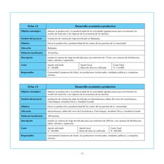 71
Ficha 12 Desarrollo económico productivo
Objetivo estratégico Mejorar la producción y la productividad de las actividades agropecuarias para incrementar los
niveles de nutrición y los ingresos de la economía de las familias.
Nombre del proyecto Instalación de sistema de riego tecnificado en Badopata.
Objetivo Elevar la producción y productividad de los suelos de las parcelas de la comunidad.
Ubicación Badopata.
Población beneficiaria 30 familias.
Descripción Instalar el sistema de riego tecnificado para una extensión de 75 has. con cámaras de distribución,
tubos, válvulas y aspersores.
Costo Aporte solicitado
S/. 150,000
Aporte local
Mano de obra no calificada
Costo Total
S/. 155,000
Responsables Comunidad Campesina de Oyón, los productores involucrados, entidades públicas y compañías
mineras.
Ficha 13 Desarrollo económico productivo
Objetivo estratégico Mejorar la producción y la productividad de las actividades agropecuarias para incrementar los
niveles de nutrición y los ingresos de la economía de las familias.
Nombre del proyecto Instalación de sistema de riego tecnificado en Manianhuayra, faldas del cerro de Canchahuaca,
Checchepata, Amabola Chica y Amabola Grande.
Objetivo Elevar la producción y productividad de los suelos de las parcelas de la comunidad.
Ubicación Manianhuayra, faldas del cerro de Canchahuaca, Checchepata, Amabola Chica y Amabola Grande.
Población beneficiaria 300 familias.
Descripción Instalar un sistema de riego tecnificado para una extensión de 200 has. con cámaras de distribución,
tubos, válvulas y aspersores.
Costo Aporte solicitado
S/. 350,000
Aporte local
Mano de obra no calificada
Costo Total
S/. 360,000
Responsables Comunidad Campesina de Oyón, los productores involucrados, entidades públicas y compañías
mineras.
 